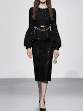 Load image into Gallery viewer, 2PS Black Crew Neck Long Sleeve Sequins Top With Swing Skrit Suit