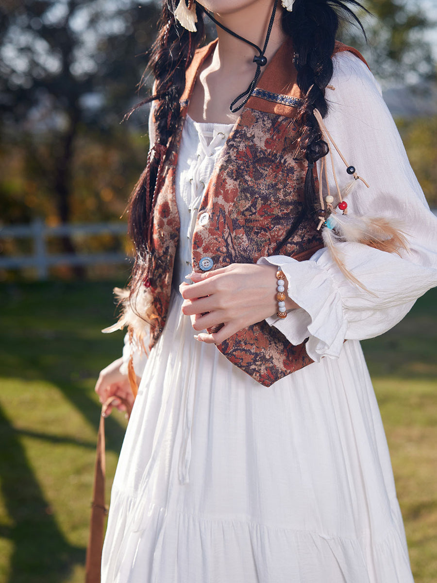 Bohemian White Long-sleeved Cotton Maxi Dress with Suede Embroidered Vest Boho Suit, White / XS