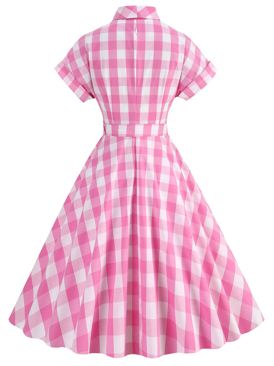 Pink And White Plaid Bow Collar Barbie Same Style 1950S Vintage Dress Jolly Vintage