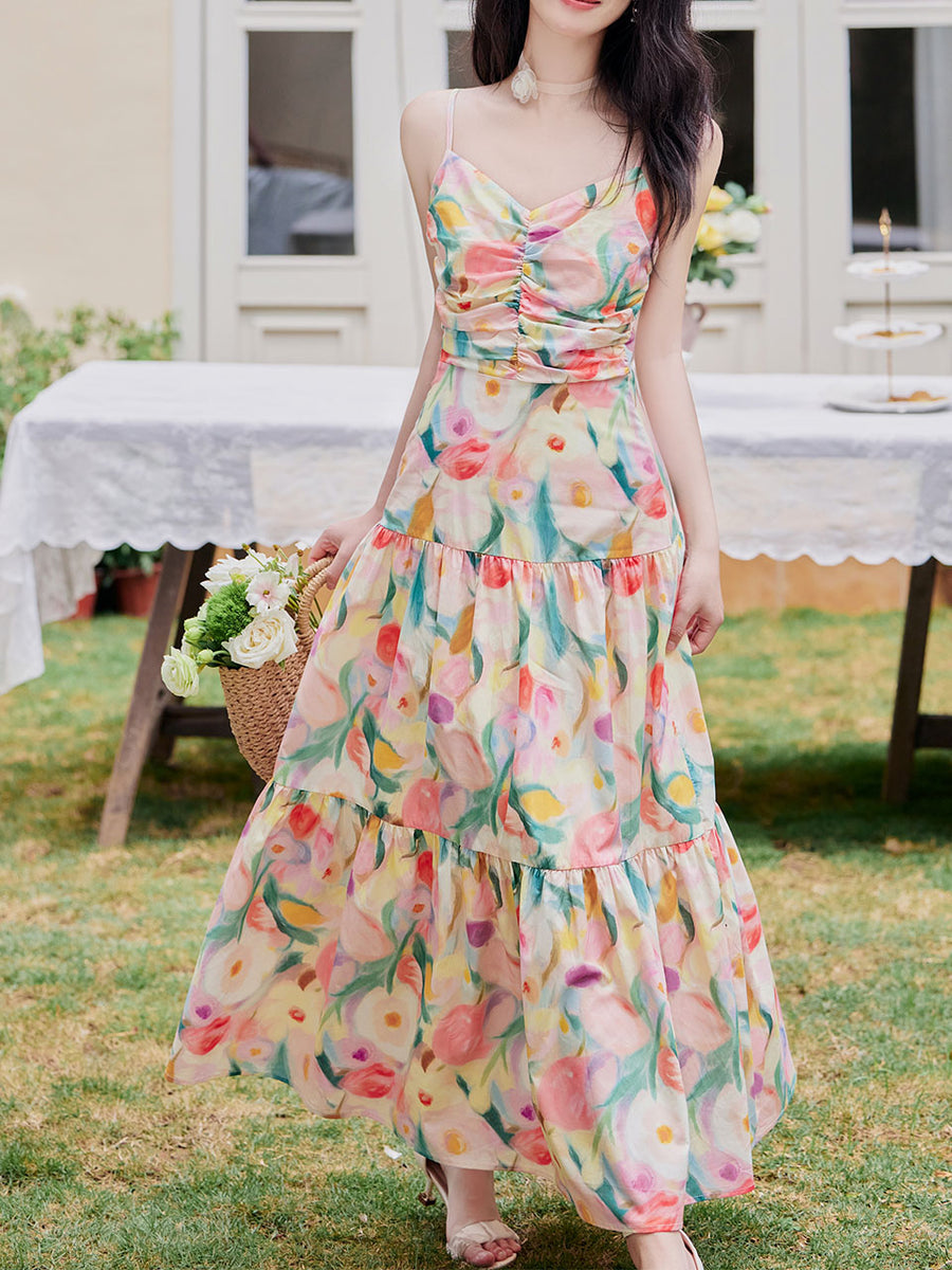 spaghetti strap contrast print swing maxi vacation dress Rainbow Tulips Vintage Holiday Dress, Pink / M Monte Midi Dress - Size:6XL[+$8.99] flowy fit through the Pageantry