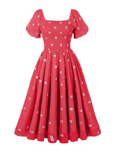 Load image into Gallery viewer, Blue Daisy Puff Sleeve Smocking 1950S Vintage Dress