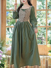 Load image into Gallery viewer, Green Floral Print Long Sleeve Vintage Cottagecore Cotton Dress