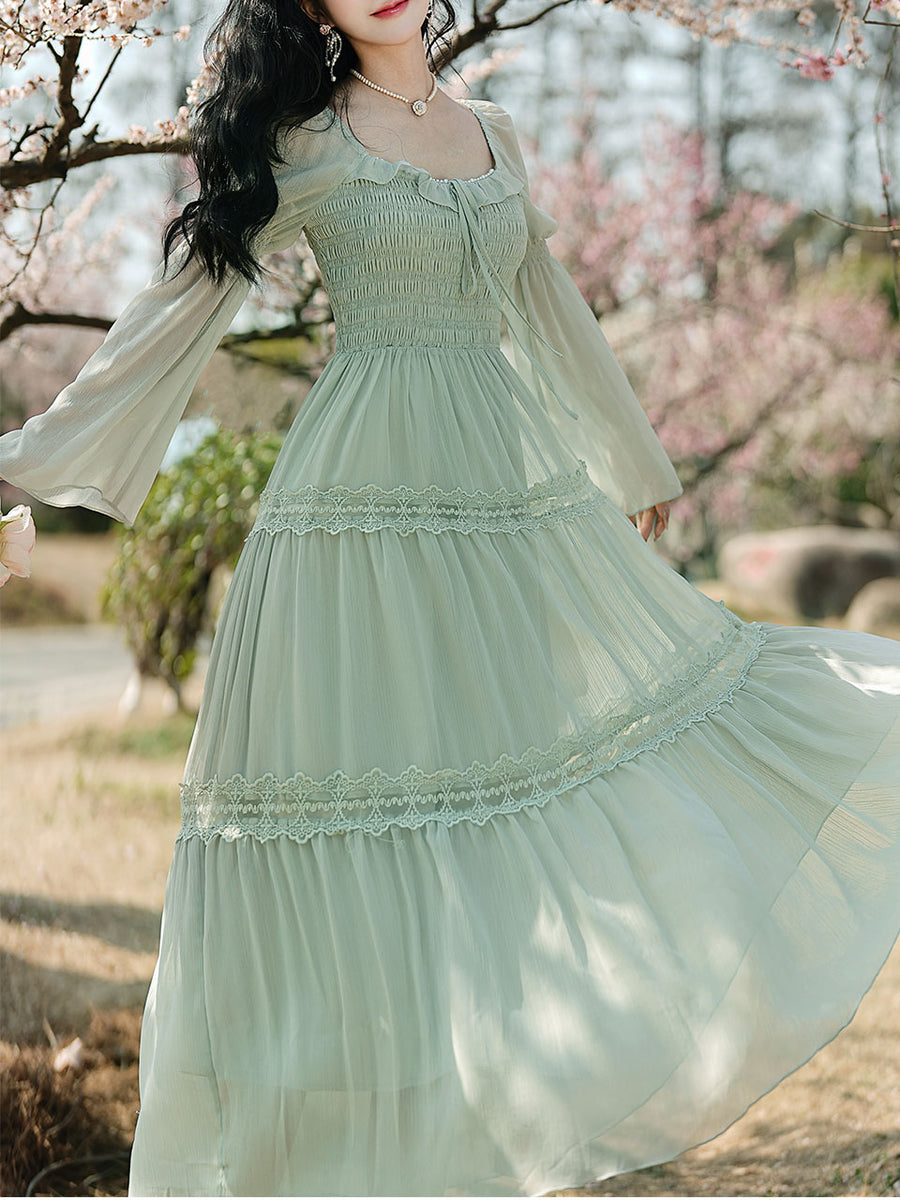 Green Square Collar Lace Ruffles Edwardian Revival Vintage Dress, Green / Xs