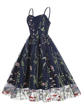 Load image into Gallery viewer, Wine Red Semi Mesh Flower Embroidered Spaghetti Strap Sleeveless 50S Swing Dress