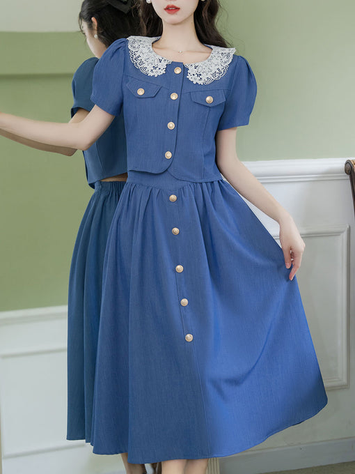 2PS Blue Lace Peter Pan Collar Short Sleeve Shirt With Skirt Suits