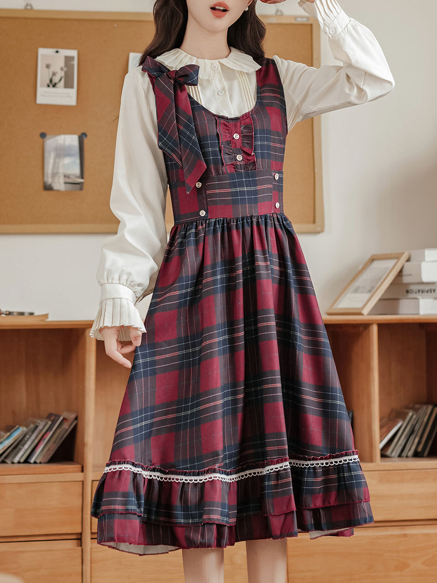 ワンピース soor ploom Gilda Dress, Vintage Plaid 4y 2PS Red Plaid Christmas Vintage Dress with White Shirt