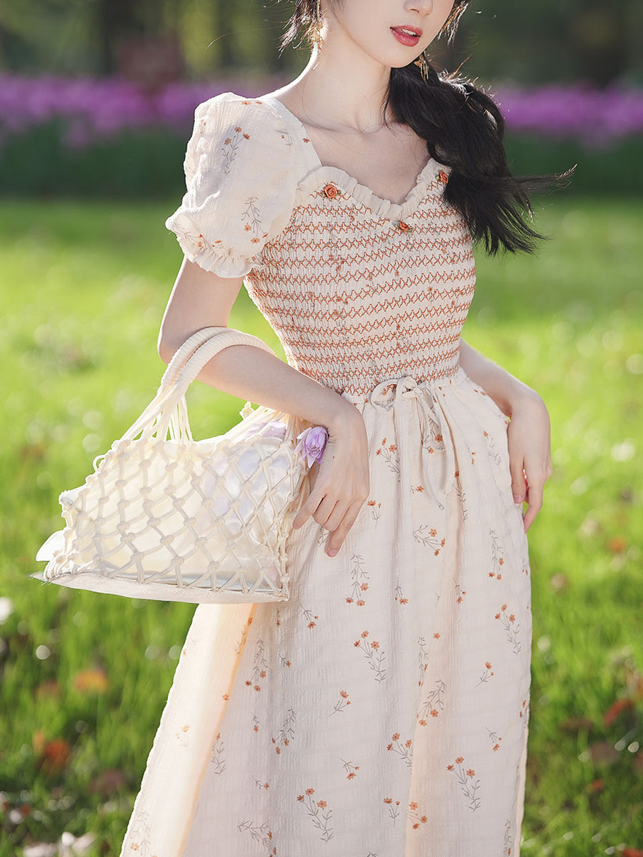 Apricot V Neck Floral Smocking Princess Puff Sleeve Vintage