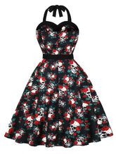 Load image into Gallery viewer, Gothic Black Skull and Rose Print Halter Vintage Halloween Dress