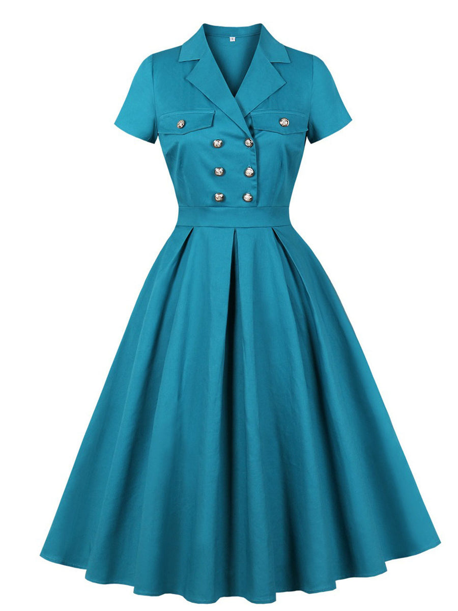 1950s Teal Blue Retro Double Breasted Lapel Collar Swing Dress, Teal Blue / M 1950s Teal Blue Retro Double Breasted Lapel Collar Swing Dress, Teal Blue / M