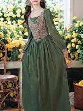 Load image into Gallery viewer, Green Floral Print Long Sleeve Vintage Cottagecore Cotton Dress