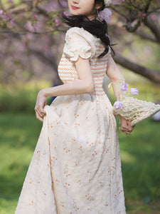 Apricot V Neck Floral Smocking Princess Puff Sleeve Vintage Dress