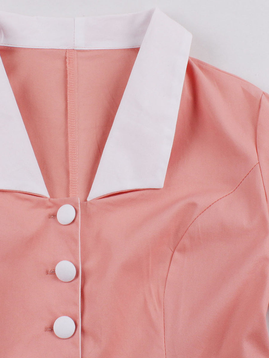 1950S Turndown Collar Solid Color Short Sleeve Vintage Dress Jolly