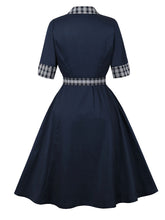 Load image into Gallery viewer, Vintage Double-Breasted Navy Gingham Collar Shirt Dress