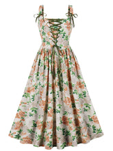 Load image into Gallery viewer, Pink Floral Print Lace-up Sleeveless 1950s Vintage Party Dress