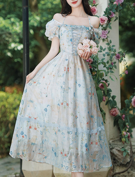 Blue Floral Print Princess 1950S Vintage Dress