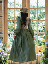 Load image into Gallery viewer, Green Floral Print Long Sleeve Vintage Cottagecore Cotton Dress