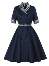 Load image into Gallery viewer, Vintage Double-Breasted Navy Gingham Collar Shirt Dress