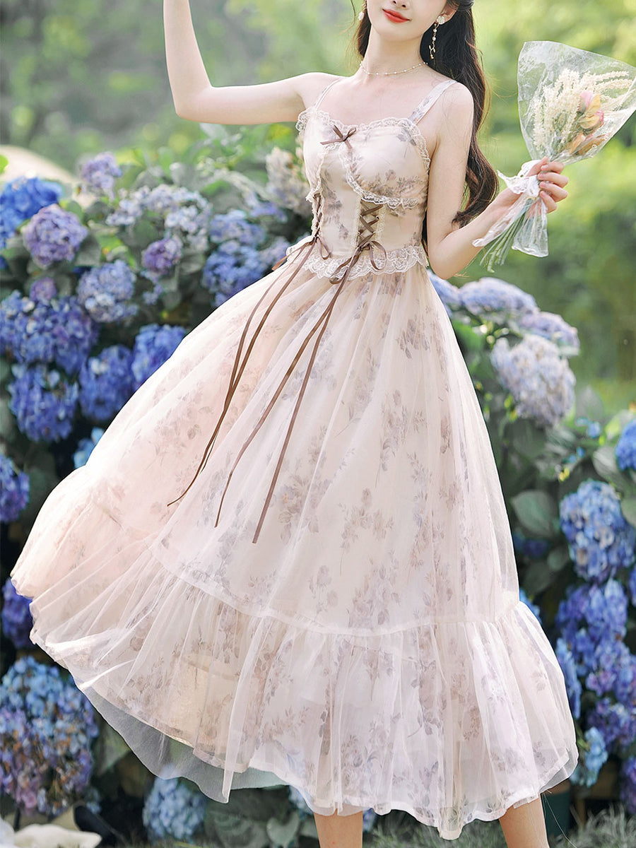 2PS Apricot Floral Print Ruffles Spaghetti Strap Princess Dress