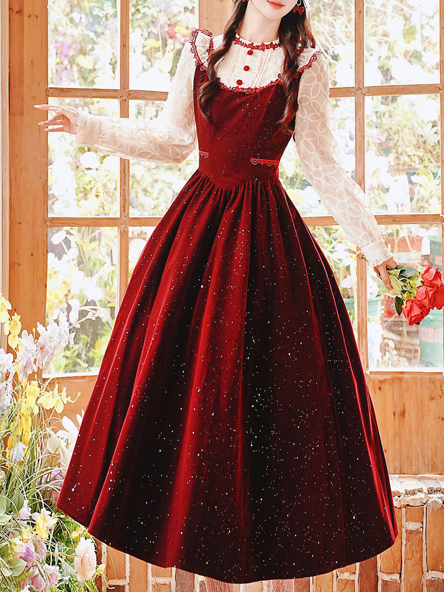 50s Retro Christmas Red Lace with Sequin Velvet Vintage Dress Red / S