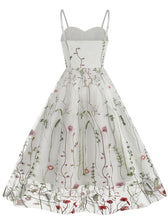Load image into Gallery viewer, Wine Red Semi Mesh Flower Embroidered Spaghetti Strap Sleeveless 50S Swing Dress