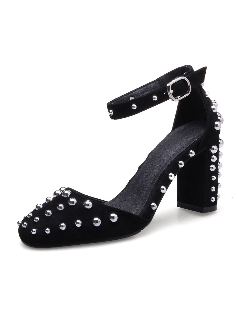 Women's Piont Toe Rivet Chunky Heel Sandals Leather Vintage Shoes Jolly Vintage