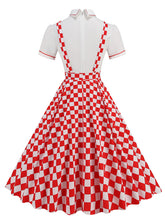 Load image into Gallery viewer, Red Checkerboard High Waist Audrey Hepburn Style Cocktail Suspender Swing Dress