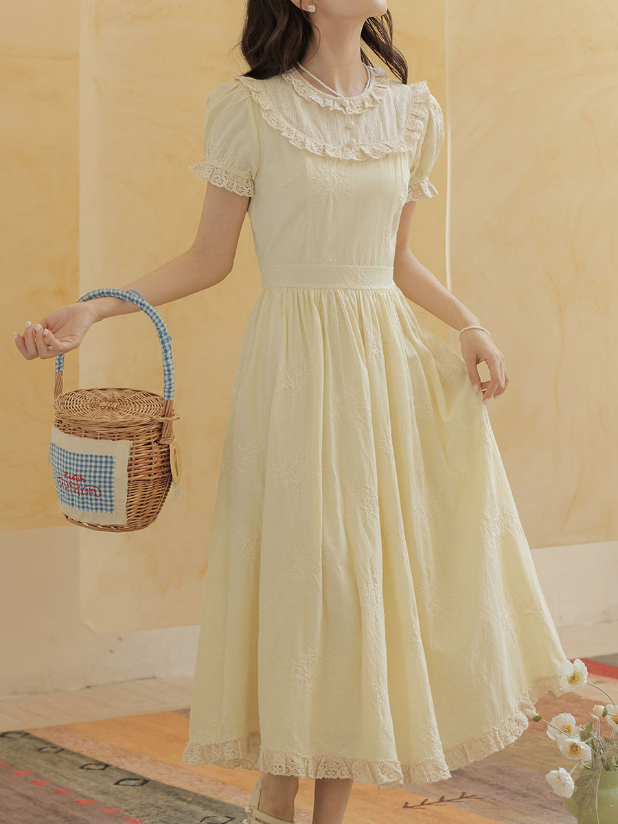 Retro Yellow Puff-Sleeve Dress with Lace Edging – Jolly Vintage