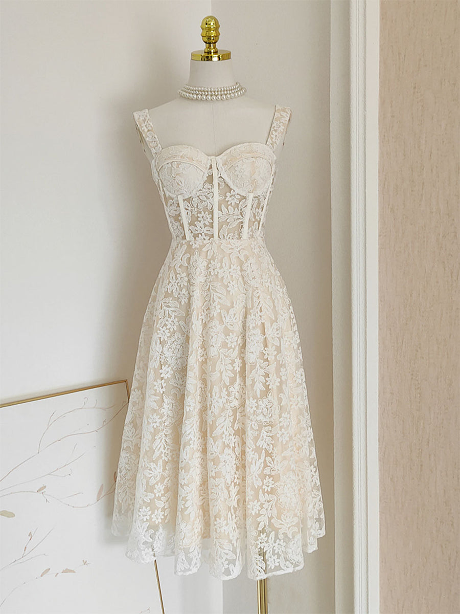 White Flower Lace Corset Mini Swing Party Dress, Black / L