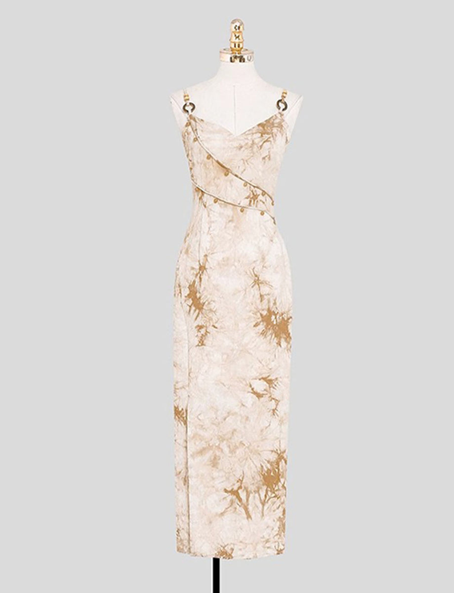 Spaghetti Strap Corset Flowing Ruffle Back Maxi Dress Brown