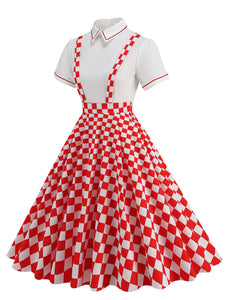 Red Checkerboard High Waist Audrey Hepburn Style Cocktail Suspender Swing Dress
