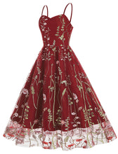 Load image into Gallery viewer, Wine Red Semi Mesh Flower Embroidered Spaghetti Strap Sleeveless 50S Swing Dress