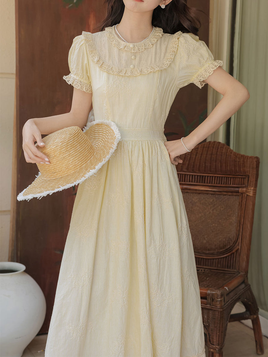 Retro Yellow Puff-Sleeve Dress with Lace Edging – Jolly Vintage