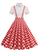 Load image into Gallery viewer, Red Checkerboard High Waist Audrey Hepburn Style Cocktail Suspender Swing Dress