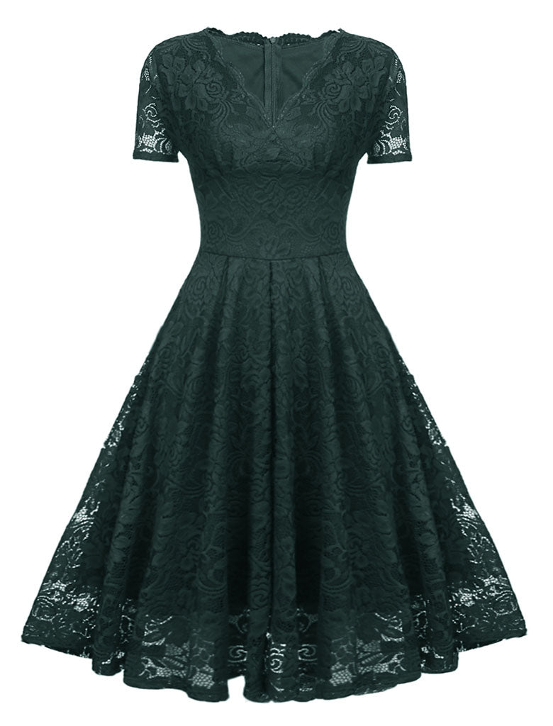 Solid Color Lace Short Sleeve V Neck 50s Party Swing Dress, Green / L