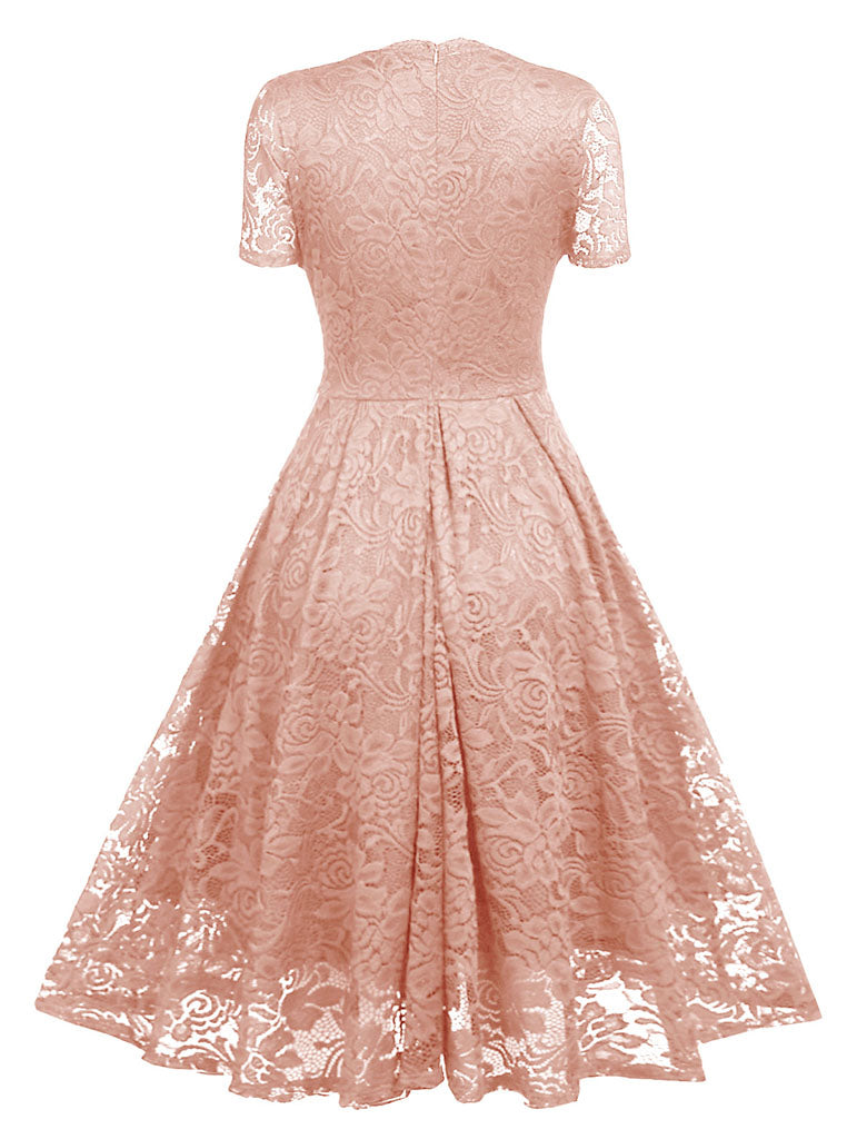 Solid Color Lace Short Sleeve V Neck 50s Party Swing Dress, Navy / XXL