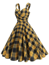 Load image into Gallery viewer, Clueless Inspired Yellow V Neck Plaid Vintage Dress