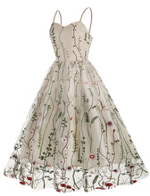 Load image into Gallery viewer, Wine Red Semi Mesh Flower Embroidered Spaghetti Strap Sleeveless 50S Swing Dress