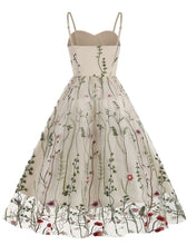 Load image into Gallery viewer, Wine Red Semi Mesh Flower Embroidered Spaghetti Strap Sleeveless 50S Swing Dress