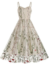 Load image into Gallery viewer, Wine Red Semi Mesh Flower Embroidered Spaghetti Strap Sleeveless 50S Swing Dress