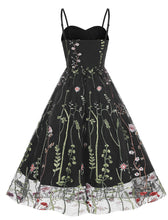 Load image into Gallery viewer, Wine Red Semi Mesh Flower Embroidered Spaghetti Strap Sleeveless 50S Swing Dress