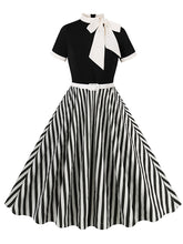 Load image into Gallery viewer, BowKnot Collar Beetlejuice Costume 1950S Short Sleeve Dress With Black and White Vertical Stripe