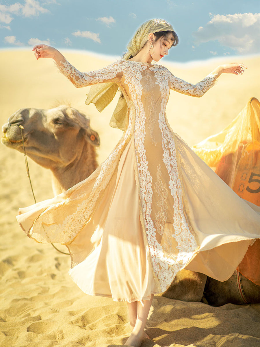 Apricot Boat Neck Lace Swing Dress With Backless Jolly Vintage