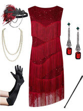 Load image into Gallery viewer, Wine Red Sexy Gatsby Glitter Fringe 1920s Flapper Dress Set