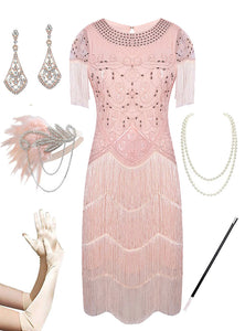 Pink Gatsby Glitter Fringe 1920s Flapper Dress Set