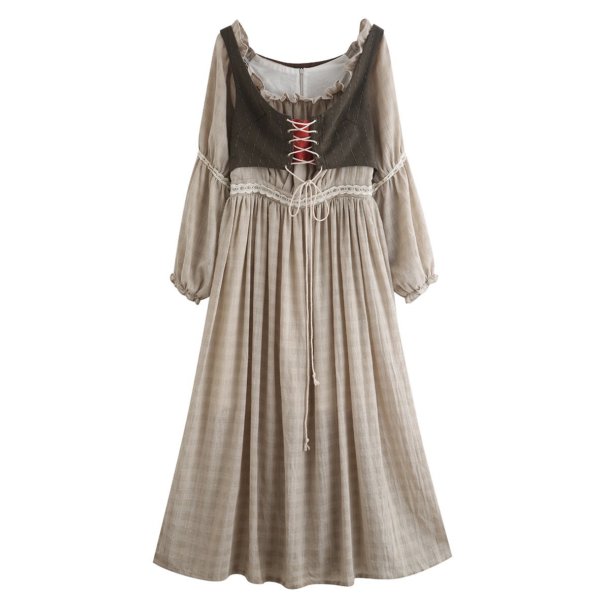 2PS Grey Off Shoulder Cottagecore Dress with Green Vest, Grey / L