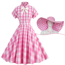 Load image into Gallery viewer, Pink And White Plaid Bow Collar Barbie Same Style 1950S Vintage Dress With Hat Set