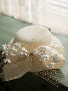 Beige Flower Bow Wedding Hat With Tulle Vintage Hat