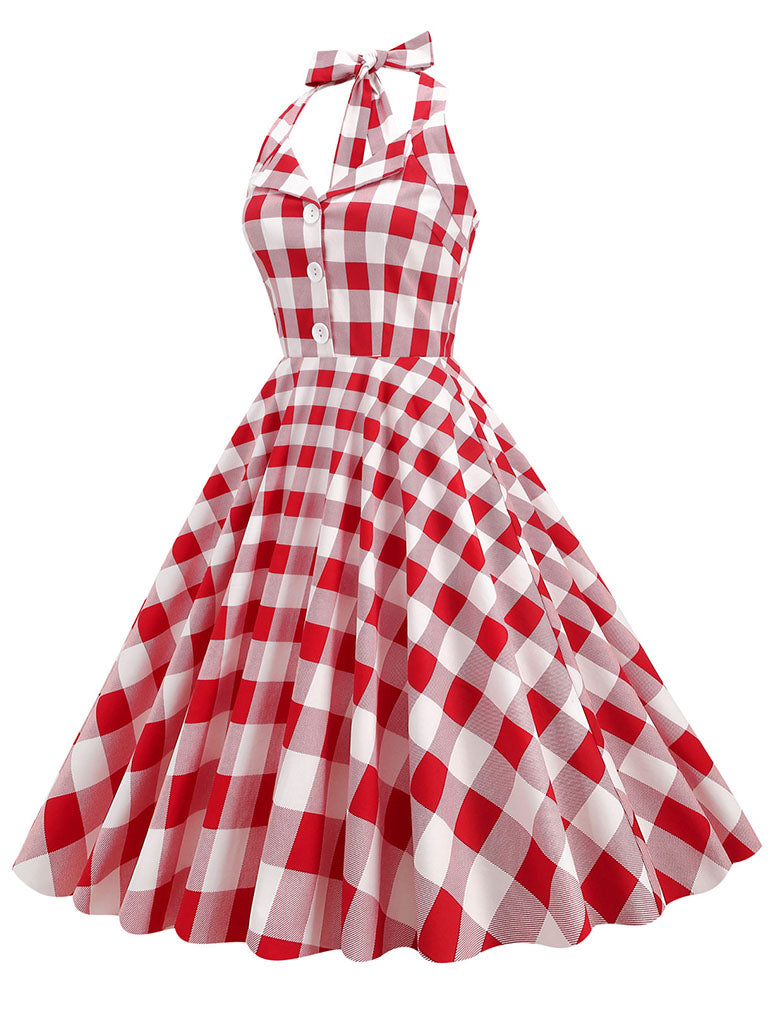 Zapaka Women Vintage Dress Red Plaid A-Line Halter 1950s Swing Dress, Red Plaids / XL