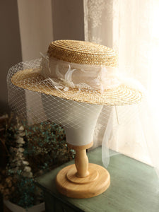 Straw Hat Beige With Long Lace Tulle For Holiday