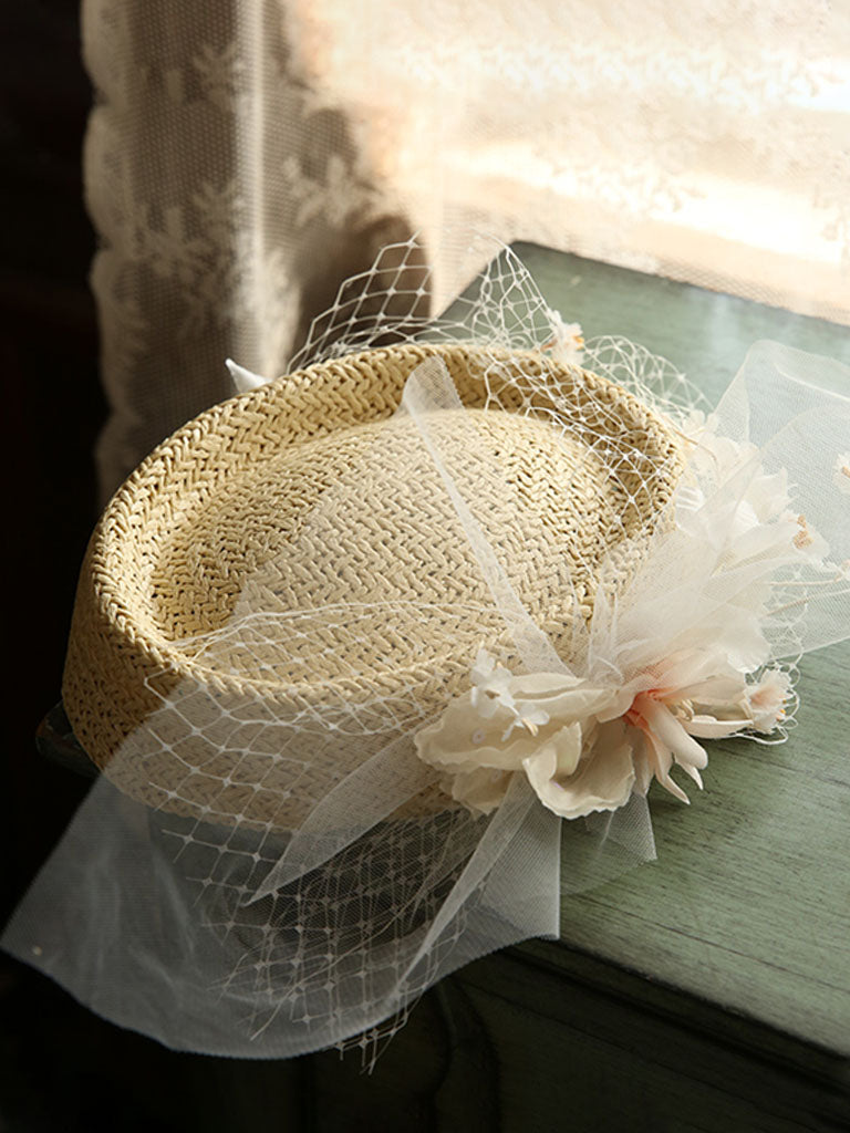 Straw Hat Beige With Flower Lace Tulle Vintage Hat – Jolly  display picture 1